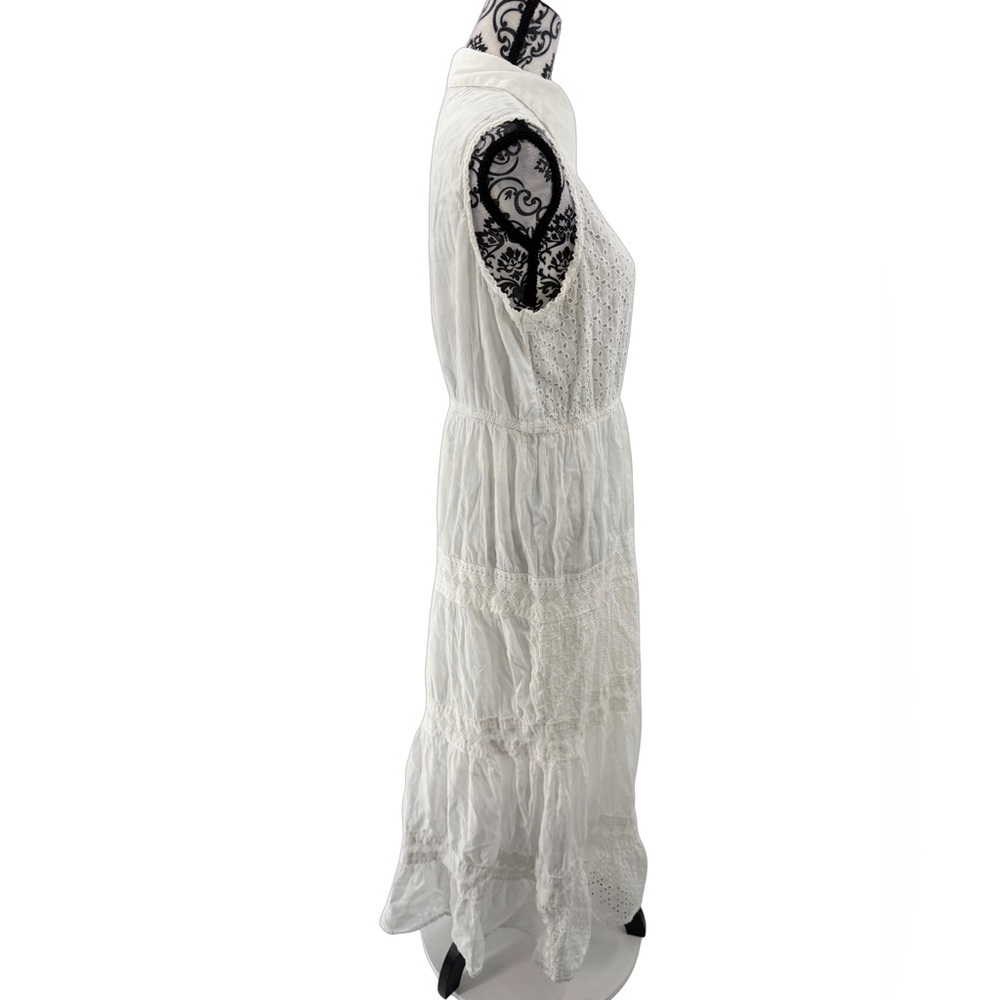 Magic White Eyelet Maxi Dress Collared Button Front Tiered Lace Boho Cottagecore - Picture 4 of 11